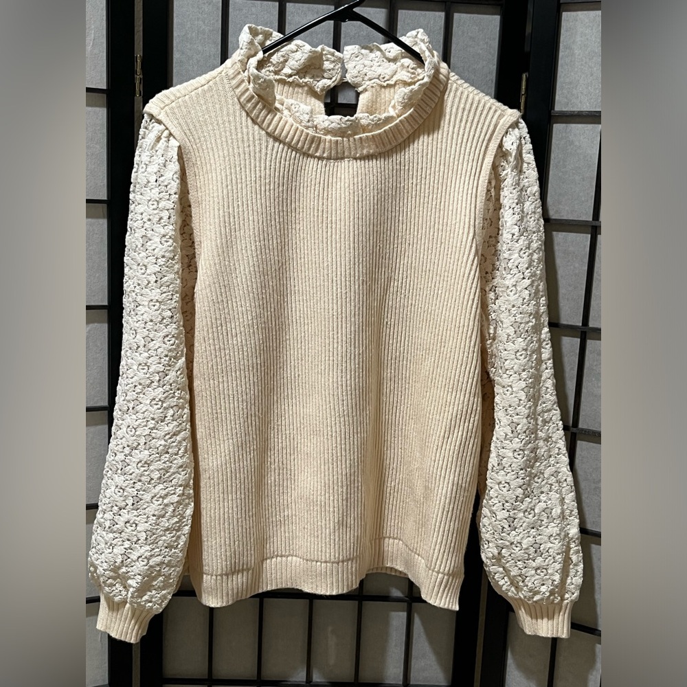 HARPER MAES Cream Floral Lace Sleeve Sweater WOMEN SIZE M - Picture 4 of 12